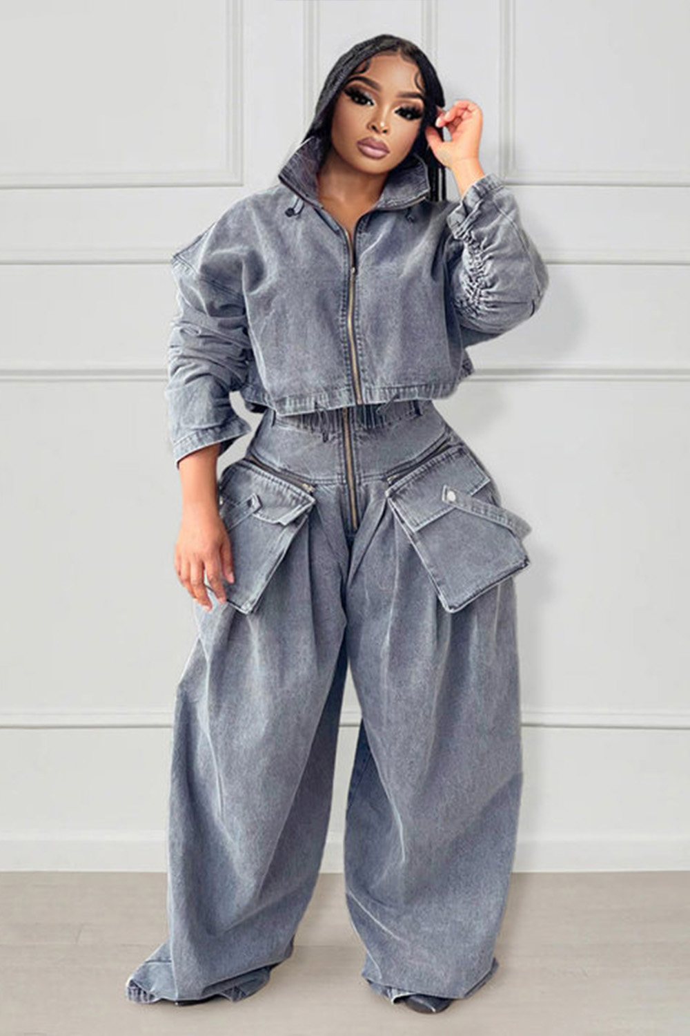 Denim Zip Long Sleeve Crop Jacket Pockets Wide Leg Pants Matching Set-Grey