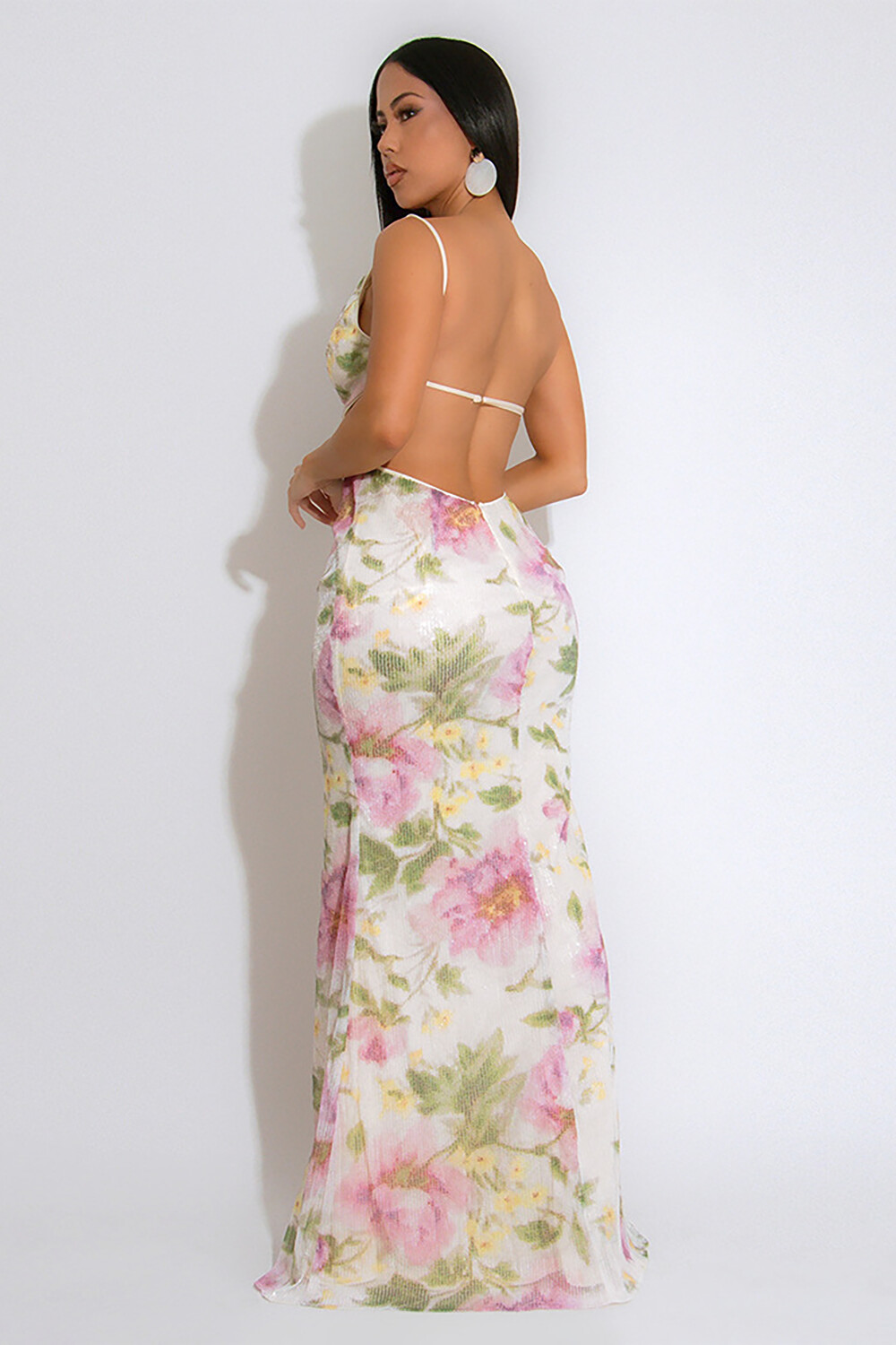 Sequin Floral Pattern V Neck Backless Slit Sleeveless Maxi Dresses-White
