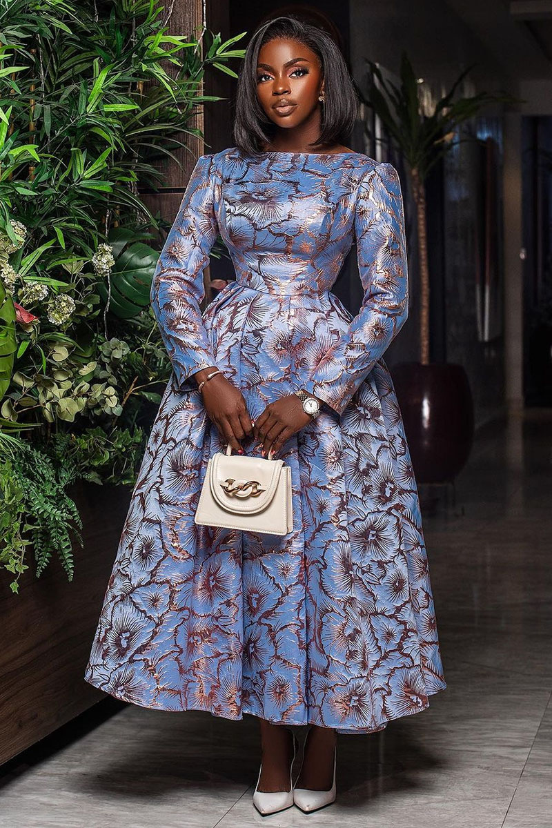 Elegant Floral Foil Print Long Sleeve Formal Party Pleated Maxi Dresses-Purple
