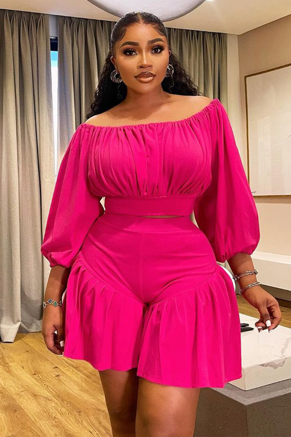Off Shoulder Lantern Sleeve Ruched Crop Top Ruffled Shorts 2pcs Set-Fuchsia