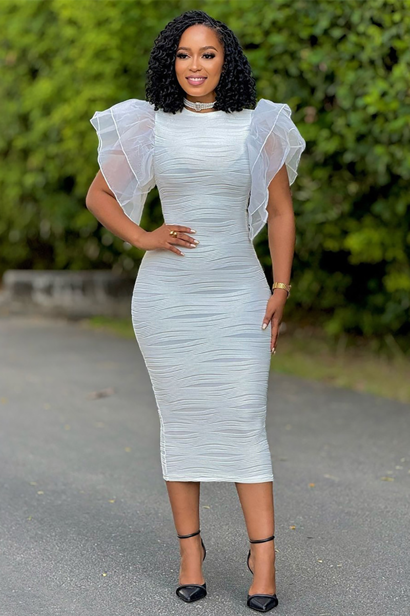 Tulle Patchwork Ruffled Sleeve Ripple Pattern Knit Bodycon Midi Dresses-White