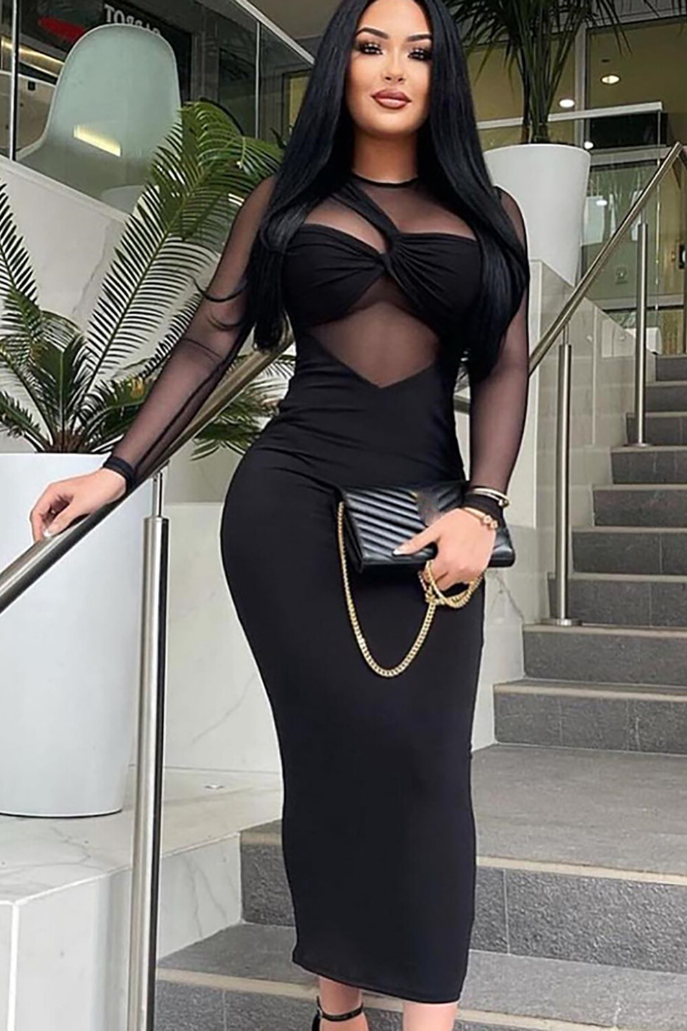 See Through Mesh Patchwork Long Sleeve Bodycon Asymmetric Midi Dresses-Black