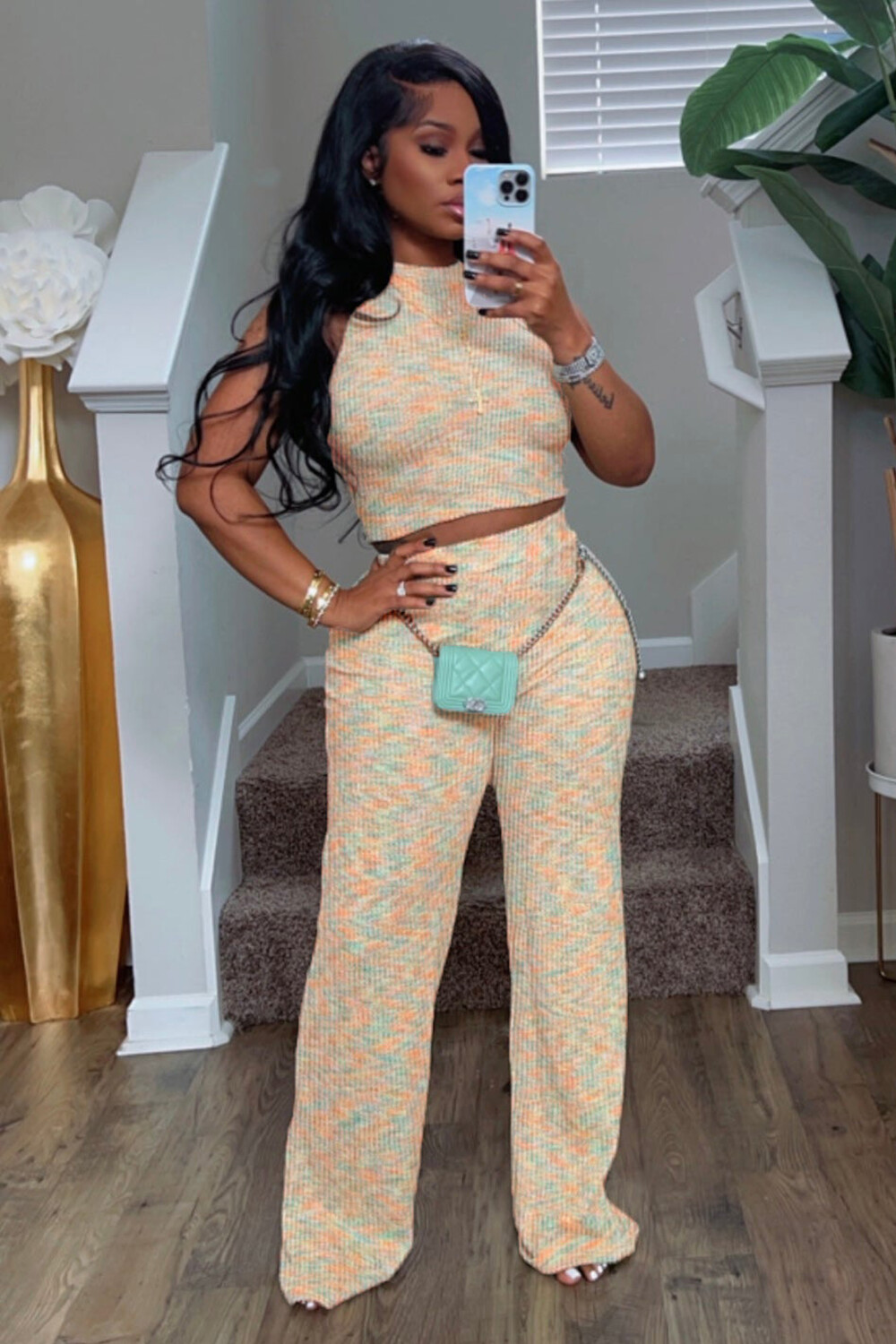 Tie Dye Print Knit Crop Tank Top High Waist Wide Leg Pants 2pcs Set-Yellow
