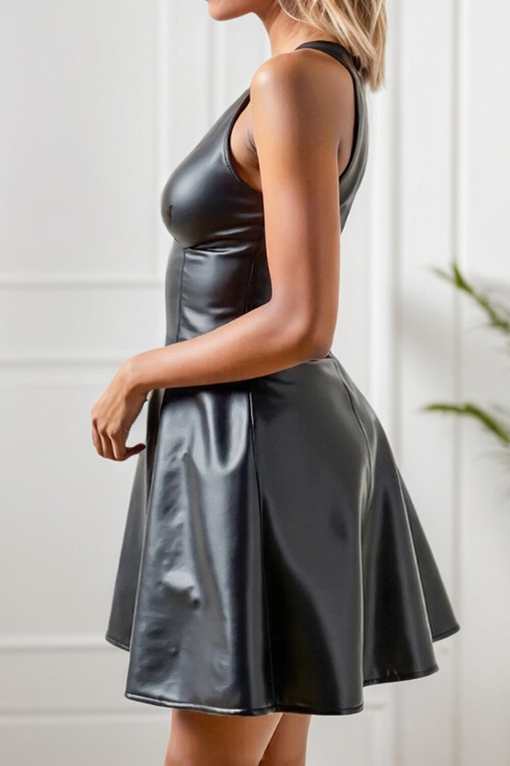 Deep V Neck Zipper Cinch Waist Backless PU Leather Mini Tank Dresses-Black