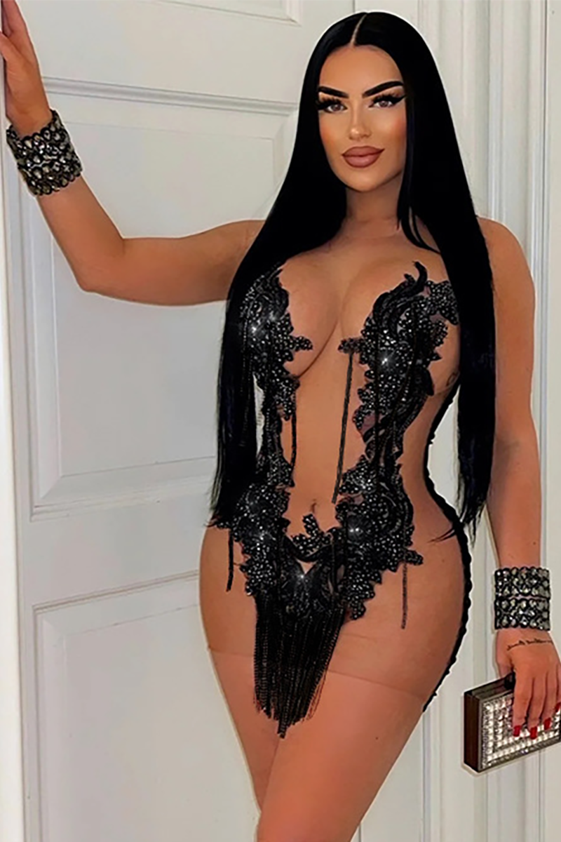Sequin Pattern Fringed Bodycon Mesh Patchwork Sleeveless Mini Dresses-Black