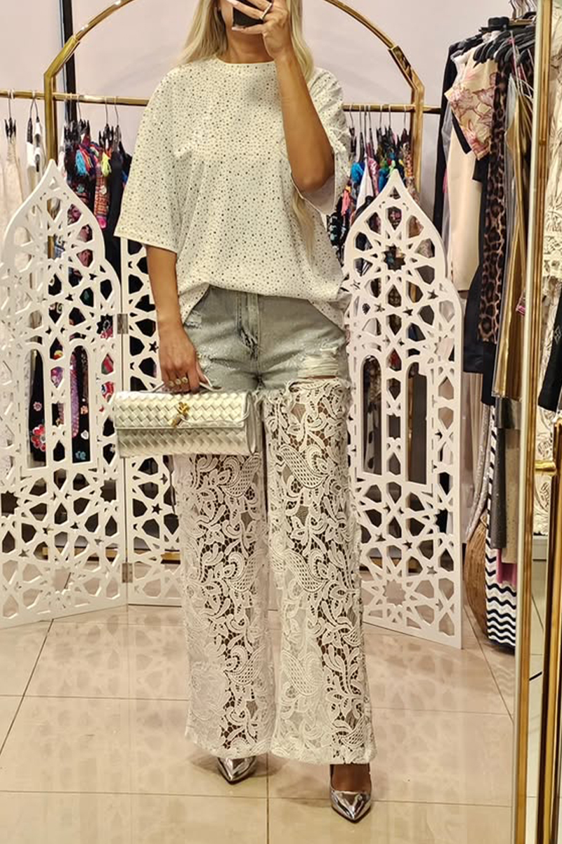 Ladies' Round Neck Rhinestone Top+patchwork Lace Printed Hollow Pants Casual Set