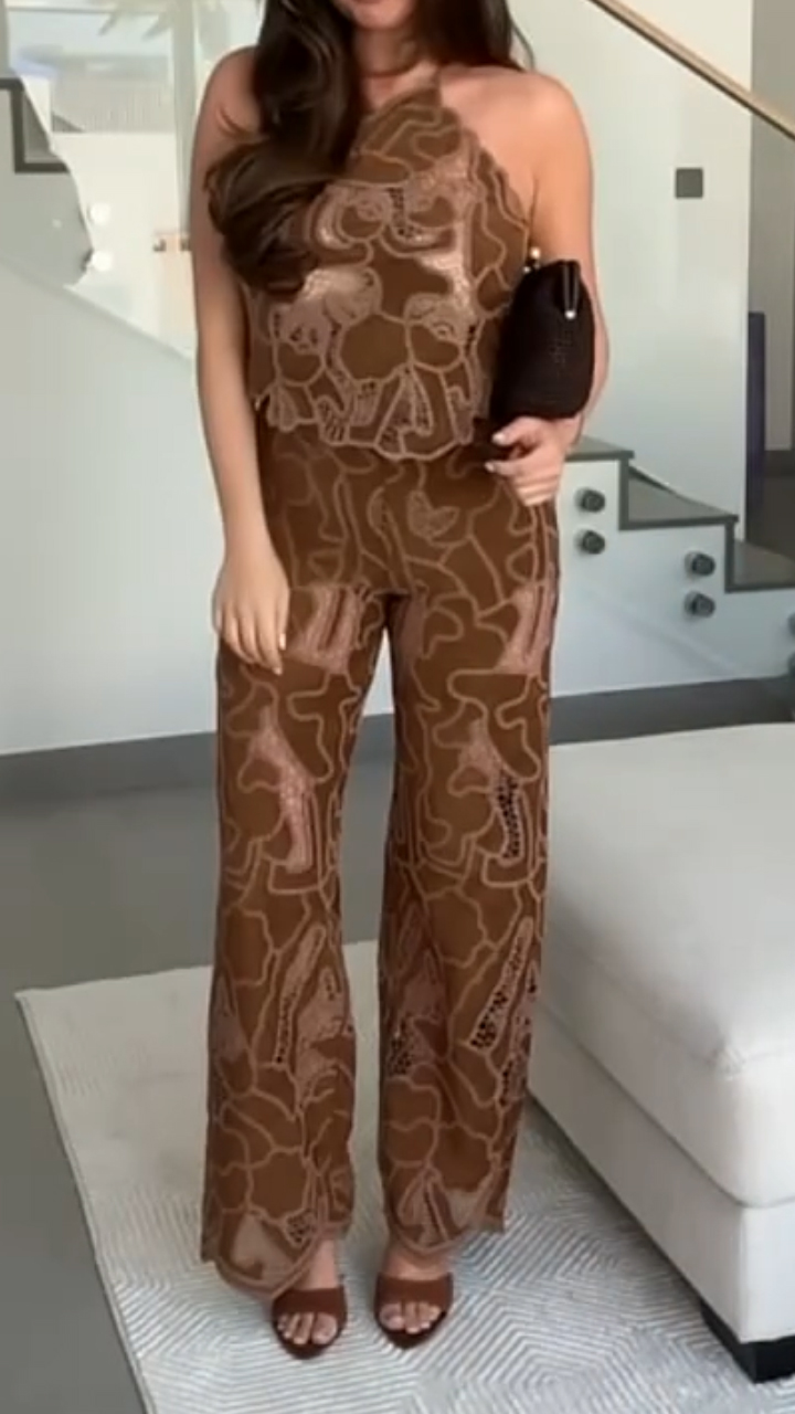 Ladies' Neck Hanging Printed Hollow Top+pants with Casual Temperament Suit