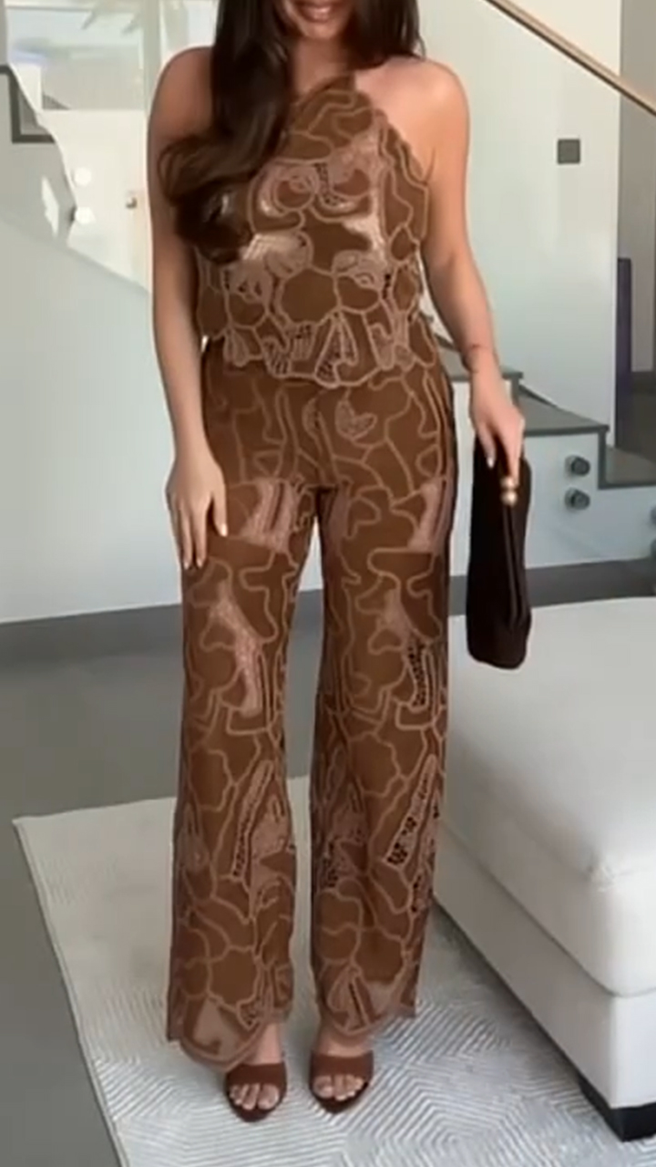 Ladies' Neck Hanging Printed Hollow Top+pants with Casual Temperament Suit