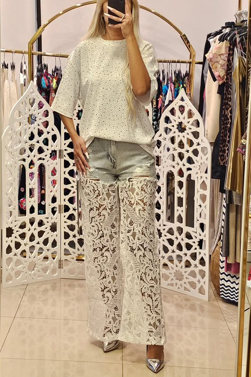 Ladies' Round Neck Rhinestone Top+patchwork Lace Printed Hollow Pants Casual Set