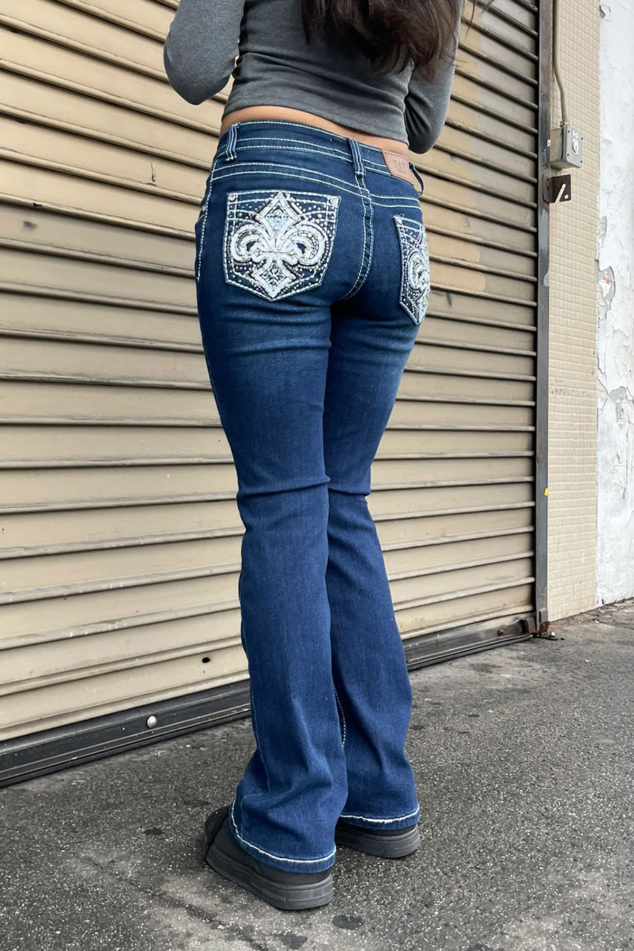 2000s Style Chrome Fleur-De-Lis Shape Rhinestone Bling Back Pocket Bootcut Jean with Good Stretch