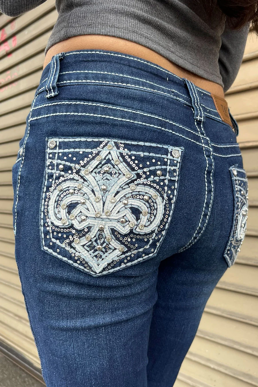 2000s Style Chrome Fleur-De-Lis Shape Rhinestone Bling Back Pocket Bootcut Jean with Good Stretch