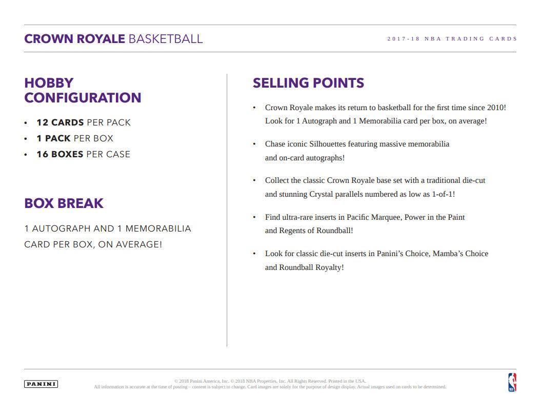 2017-18 Panini Crown Royale Basketball Hobby Box