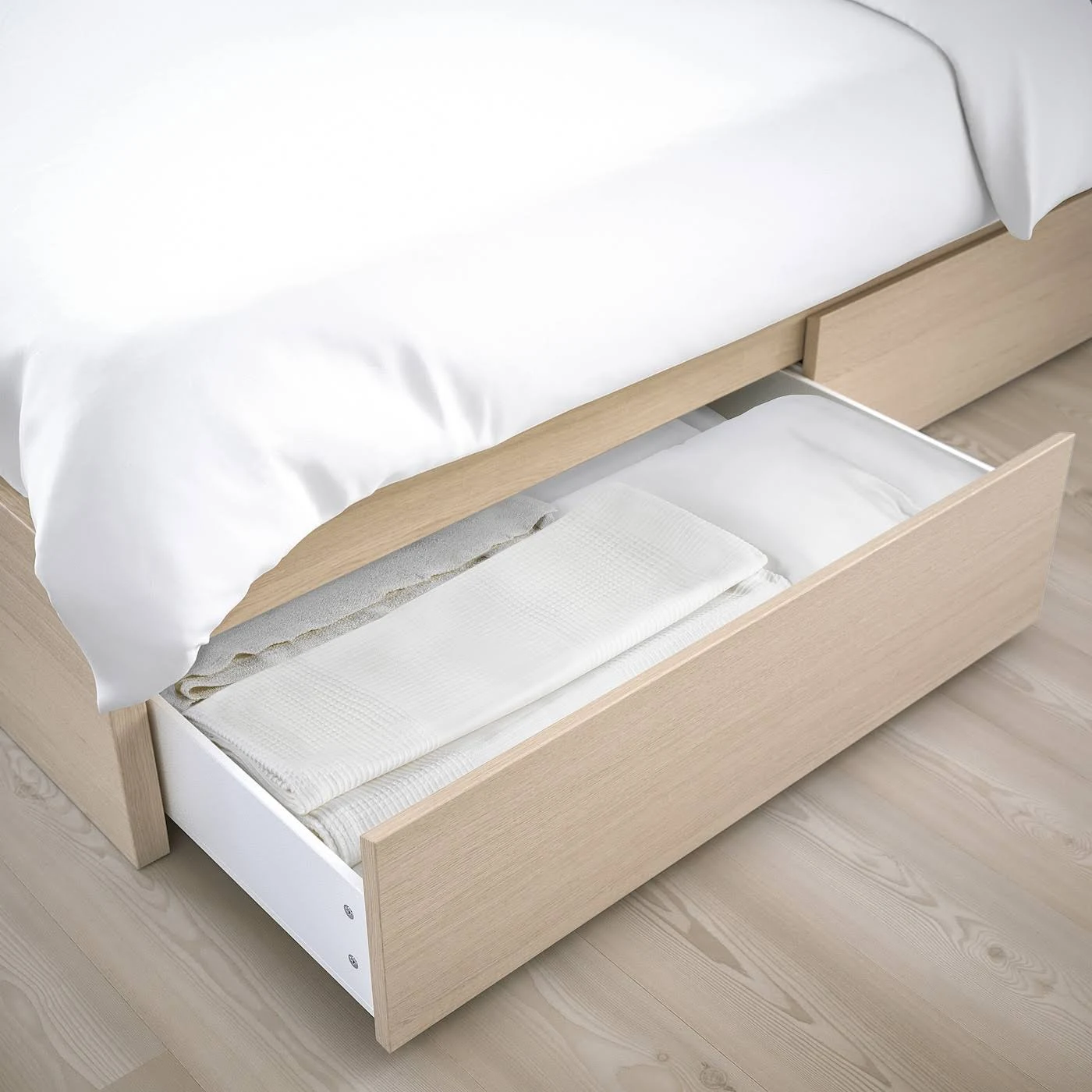 IKEA - Malm High Bed frame/4 Storage Boxes, White Stained Oak Veneer, King