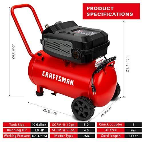 Craftsman Hard Air Compressor, 10 Gallon 1.8 HP 175 psi, 4.0CFM@90PSI, Oil Free and Maintenance Free, Portable with Large Wheels