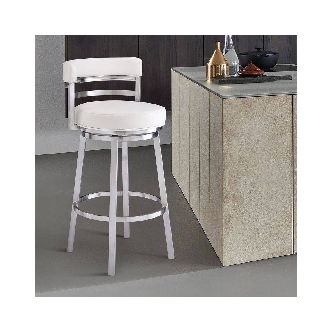 Armen Living LCMABABSWH26 26 in. Madrid Contemporary Counter Height Barstool Brushed Stainless Steel Finish u0026 White Faux Lea