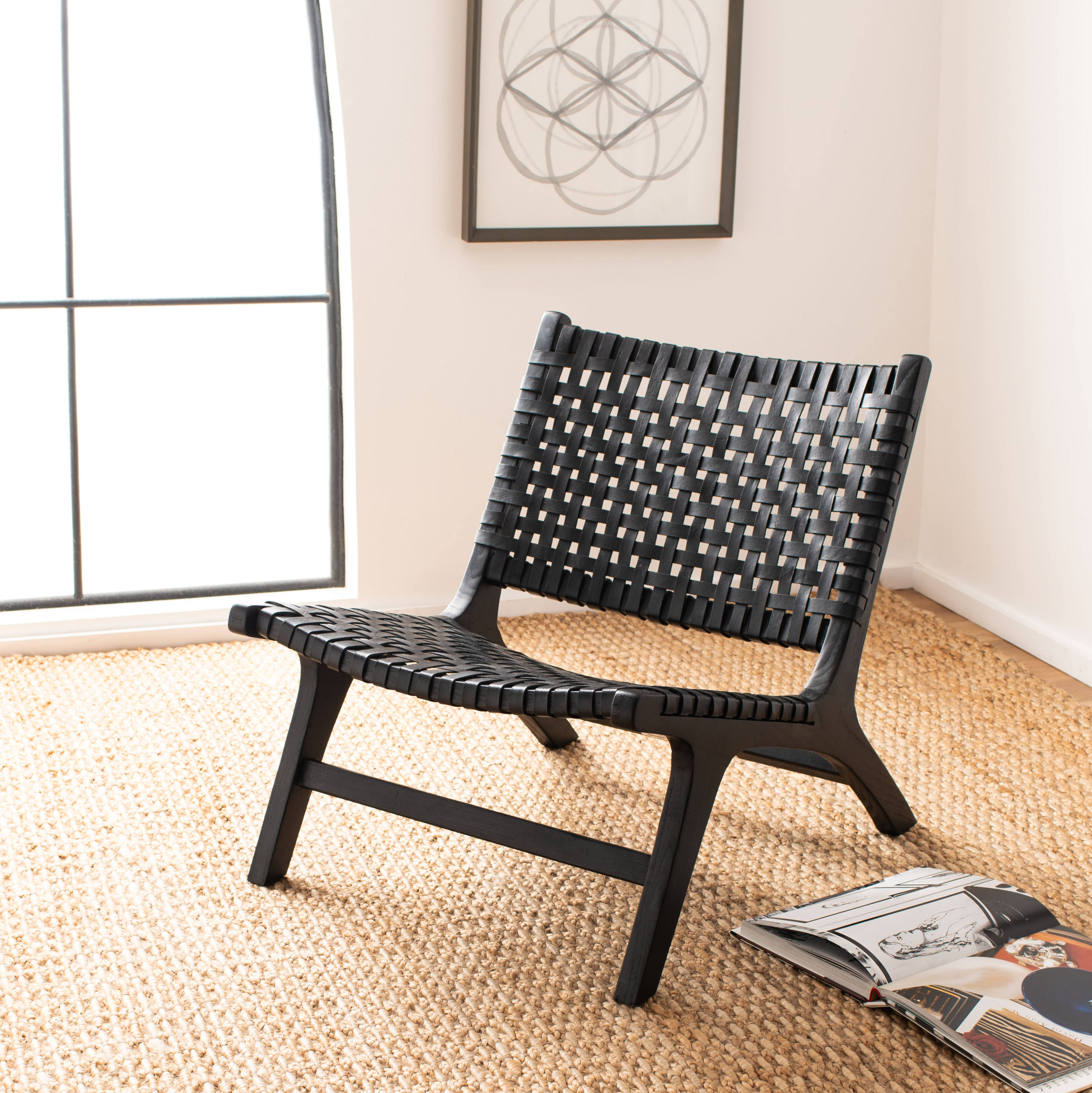 Luna Leather Woven Accent Chair - Black - Safavieh