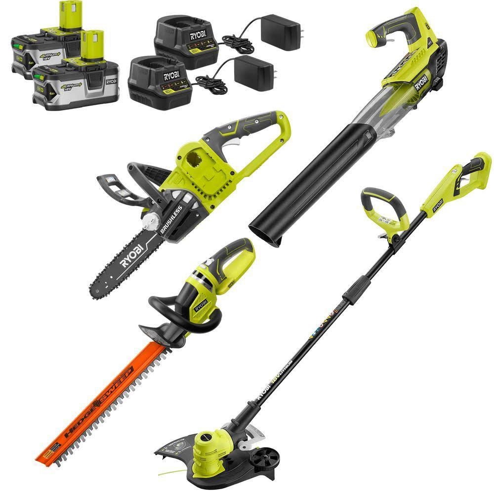 Ryobi One+ 18-Volt Cordless String Trimmer+Edger/Blower/Hedge Trimmer/Chainsaw Combo Kit (2) 4.0Ah Batteries/Chargers Included 3