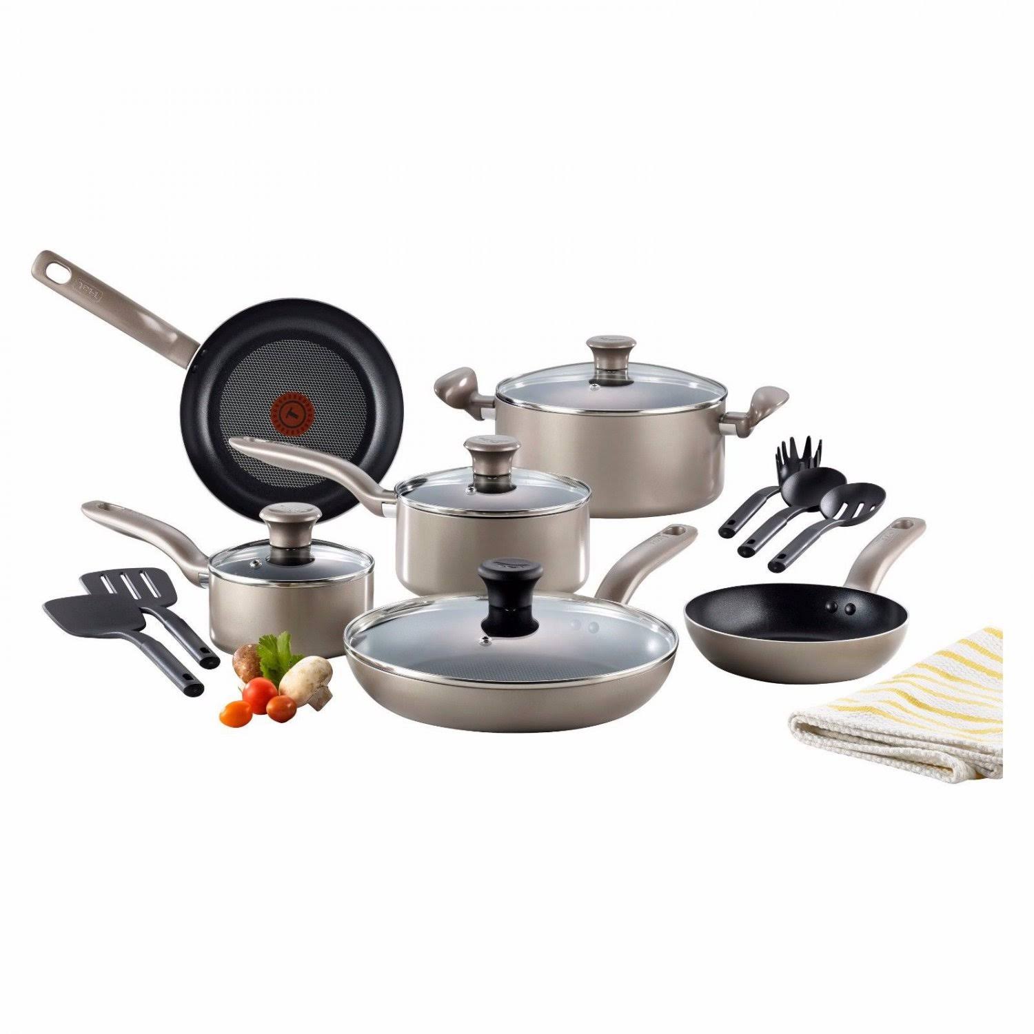 T-Fal Simply Cook Nonstick Dishwasher Safe Cookware 15 PC Set - Champagne