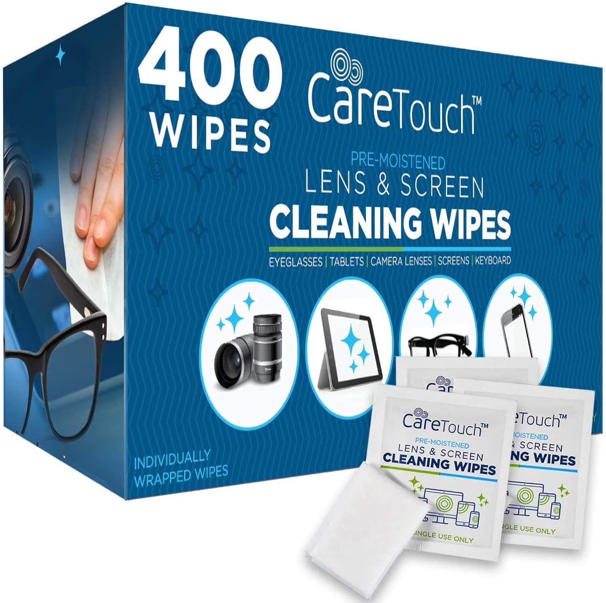 Care Touch Lens Wipes for Eyeglasses | Individually Wrapped Eye Glasses Wipes | 400 Pre-Moistened Lens Cleaning Eyeglass Wipes