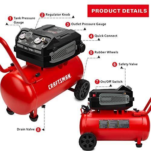 Craftsman Hard Air Compressor, 10 Gallon 1.8 HP 175 psi, 4.0CFM@90PSI, Oil Free and Maintenance Free, Portable with Large Wheels