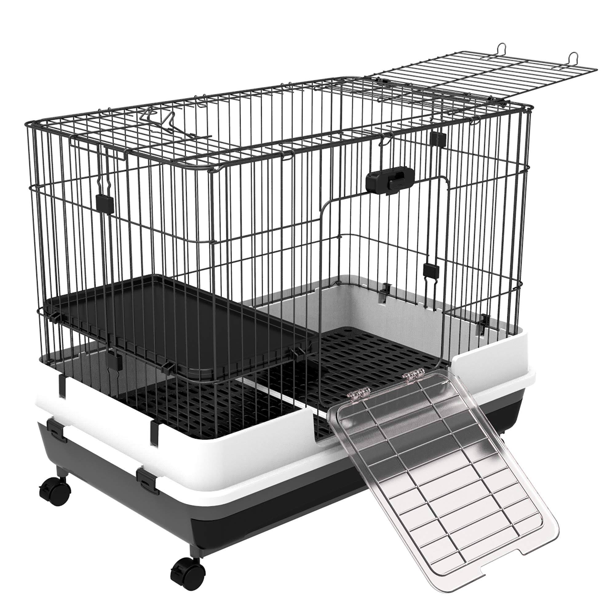 PawHut 32”L 2-Level Indoor Small Animal Cage Rabbit Hutch with Wheels - Black