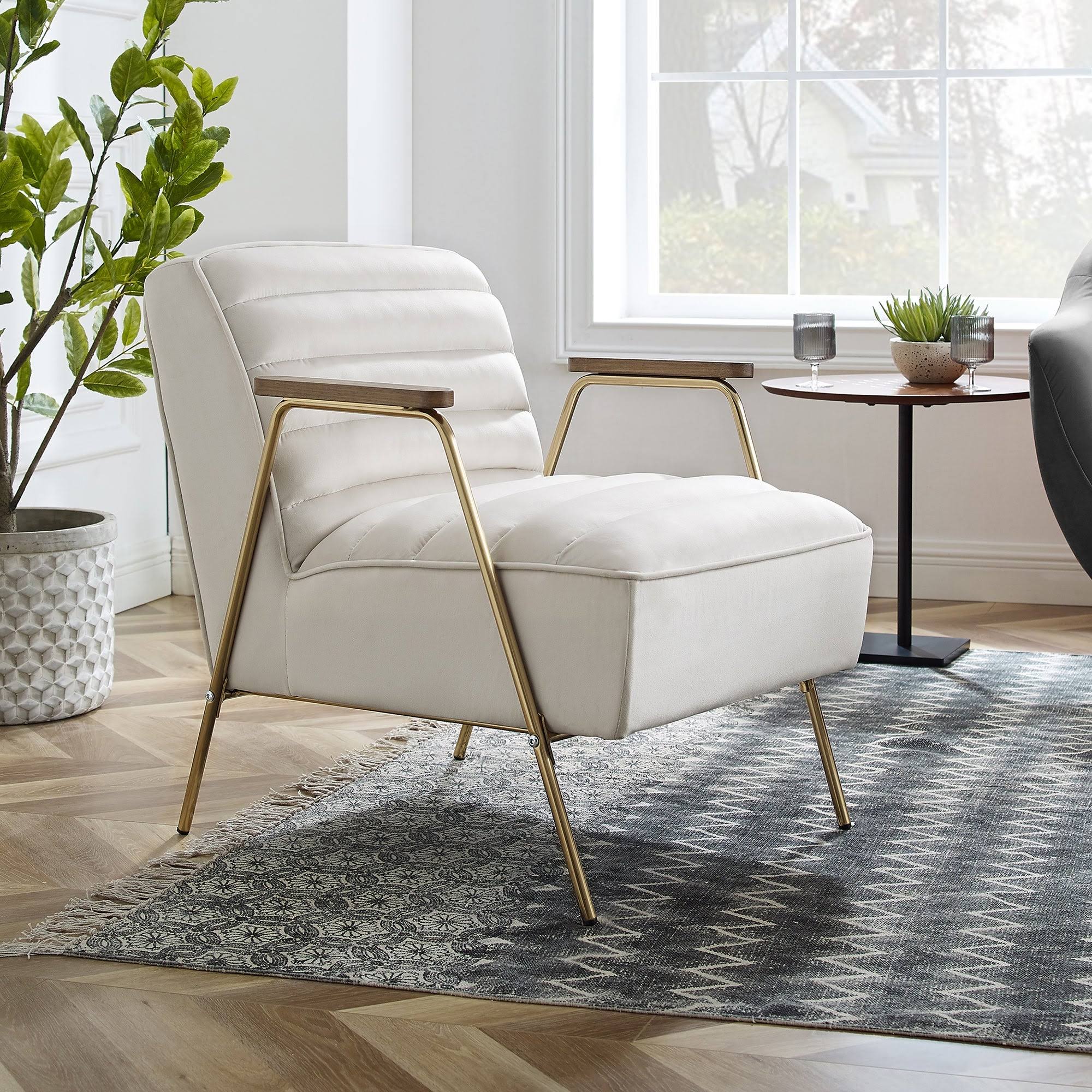 Art Leon Velvet Ribbed Accent Oak Armrest Chair with Metal Frame