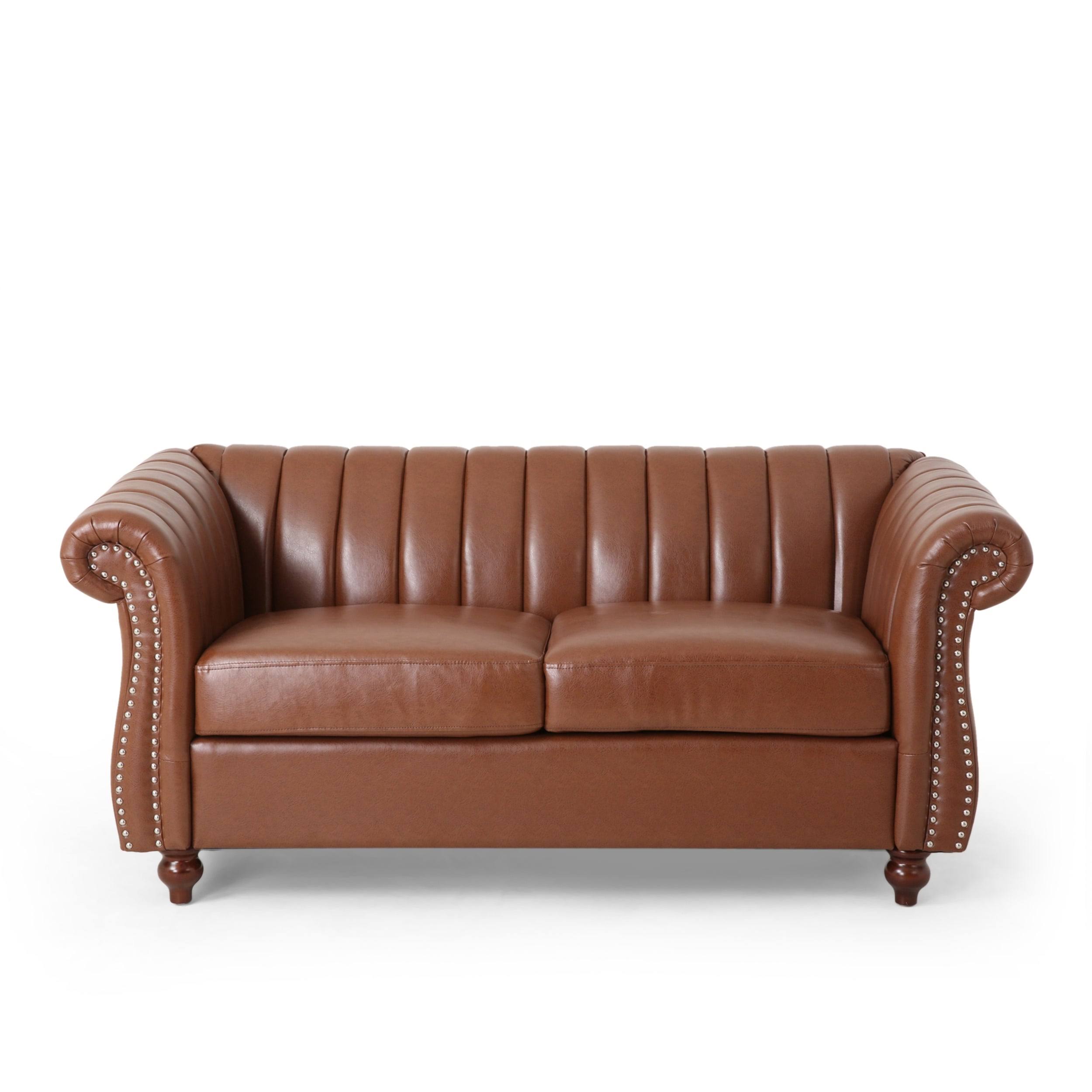 Glenmont Modern Glam Channel Stitch Velvet Loveseat with Nailhead Trim by Christopher Knight Home (Faux Leather + Dark Brown + E