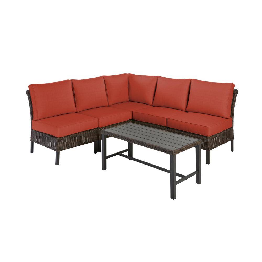 Hampton Bay Harper Creek 6-Piece Brown Steel Outdoor Patio Sectional Sofa Seating Set with CushionGuard Quarry Red Cushions