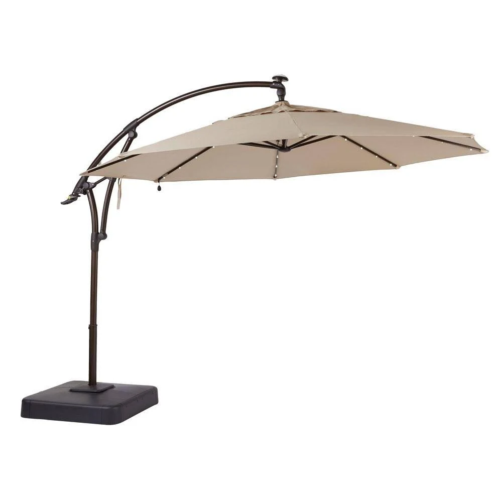 Home Decorators Collection 11 ft. LED Round Offset Outdoor Patio Umbrella in Sunbrella Sand