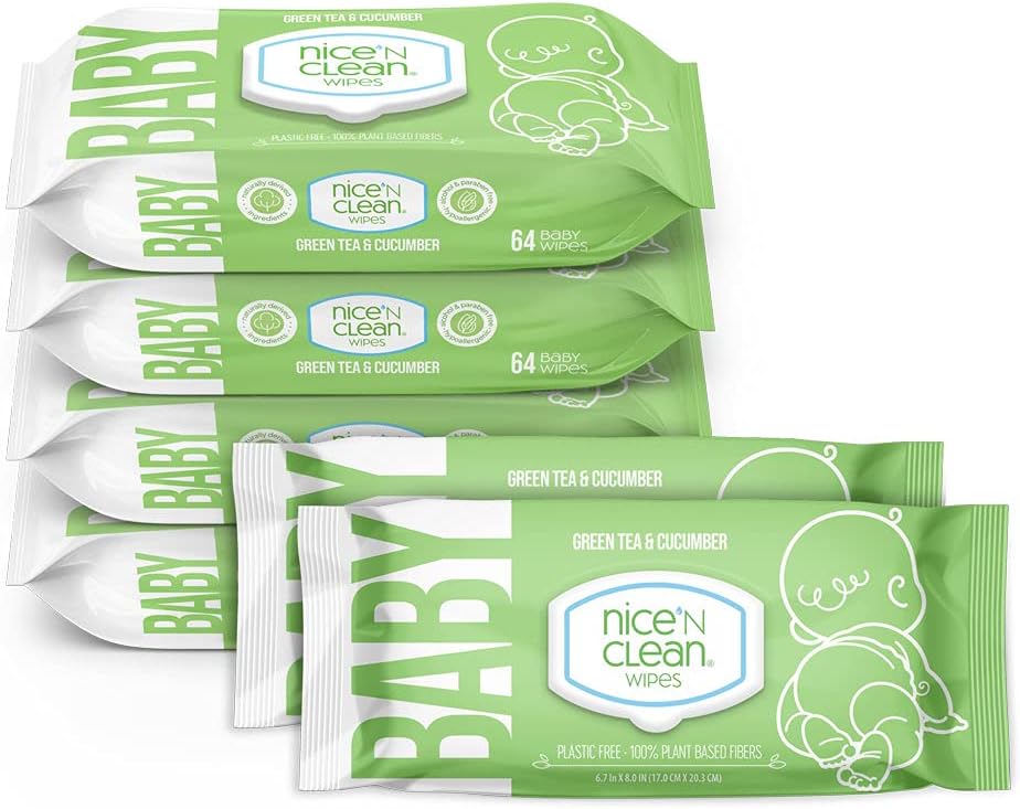 Nice 'N Clean Scented Baby Wipes | Made with Plant-Based Fibers | Green Tea Cucumber Scent | 64 Wipes (Pack of 6)