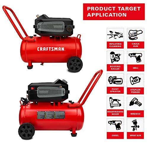 Craftsman Hard Air Compressor, 10 Gallon 1.8 HP 175 psi, 4.0CFM@90PSI, Oil Free and Maintenance Free, Portable with Large Wheels