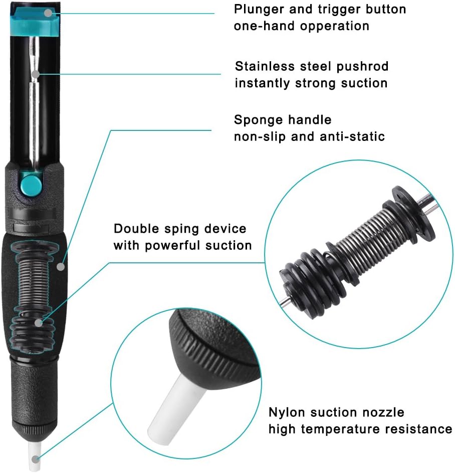 AUSTOR Desoldering Sucker and 6 Pcs Solder Braid Wick (2.0mm/2.5mm/3.0mm Width, 1.5m Length) with Flux - Desoldering Vacuum Pump Solder Removal Tool