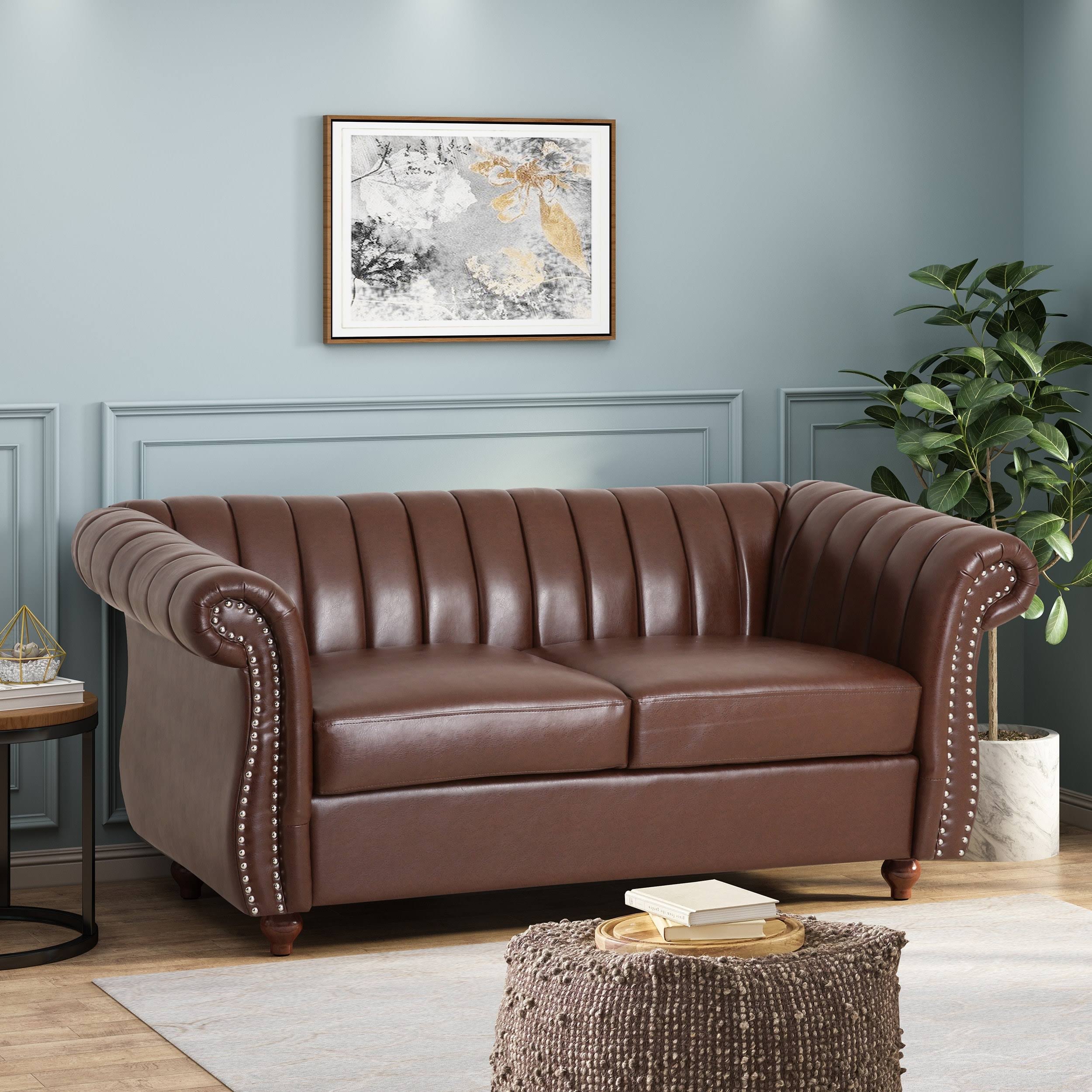 Glenmont Modern Glam Channel Stitch Velvet Loveseat with Nailhead Trim by Christopher Knight Home (Faux Leather + Dark Brown + E