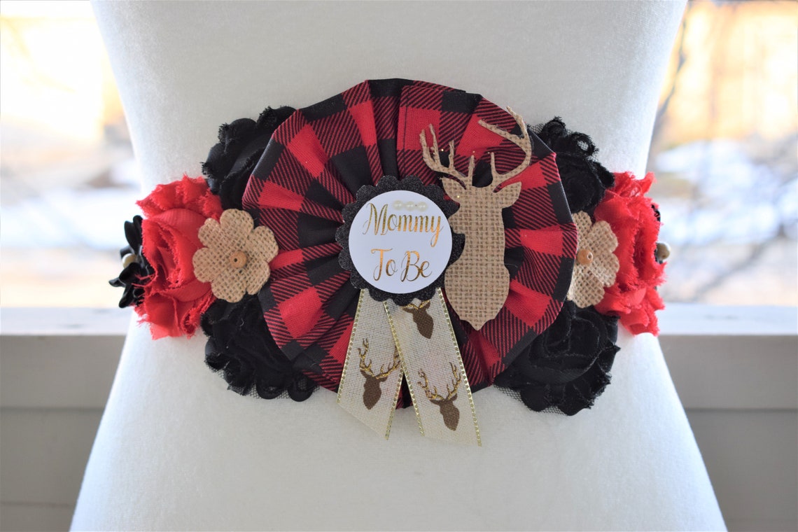 Lumberjack Baby Shower, Buffalo Plaid Shower, Burlap with Buffalo Maternity Sash, Deer Rustic Pregnant Sash, Burlap Red Black Sash, Custom