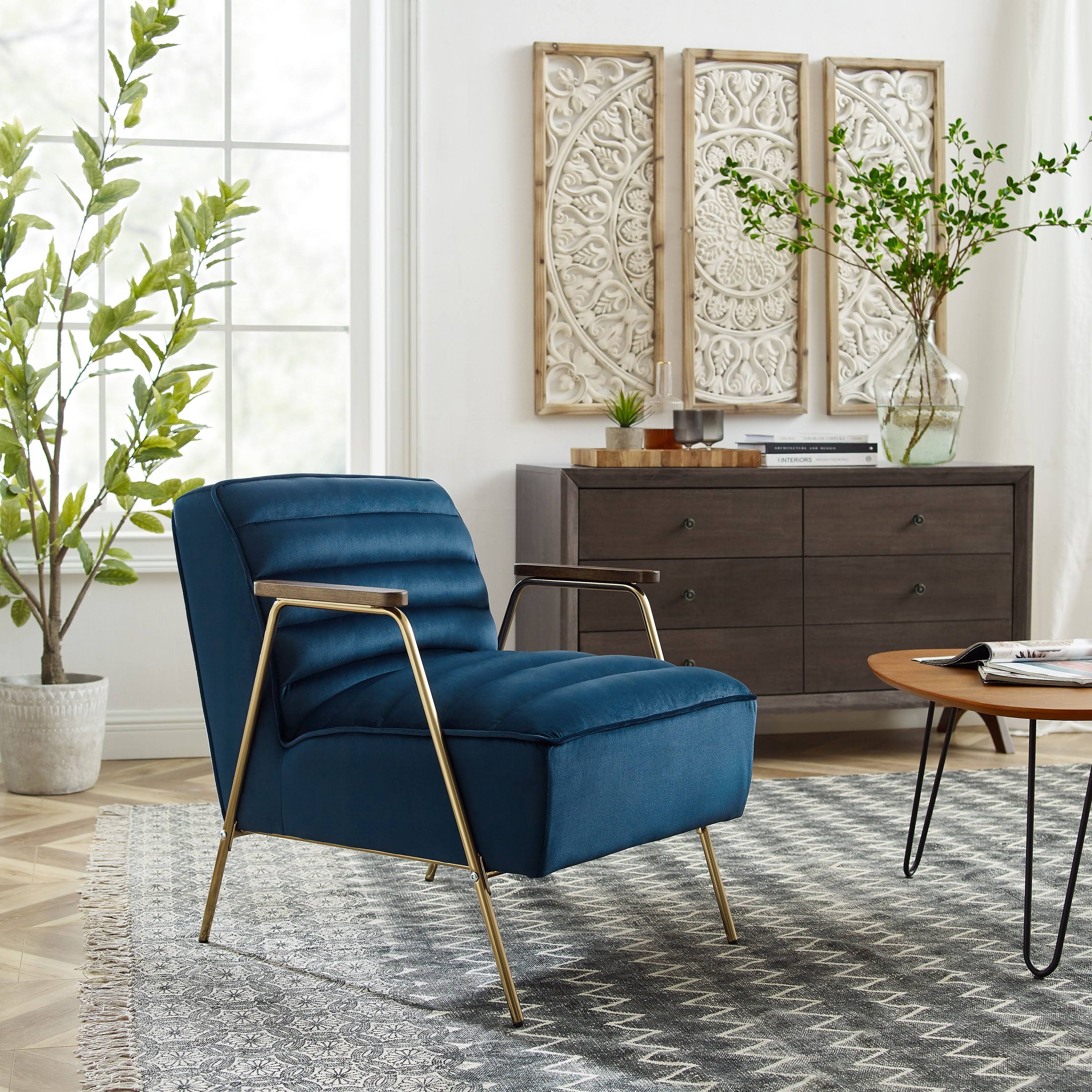 Art Leon Velvet Ribbed Accent Oak Armrest Chair with Metal Frame