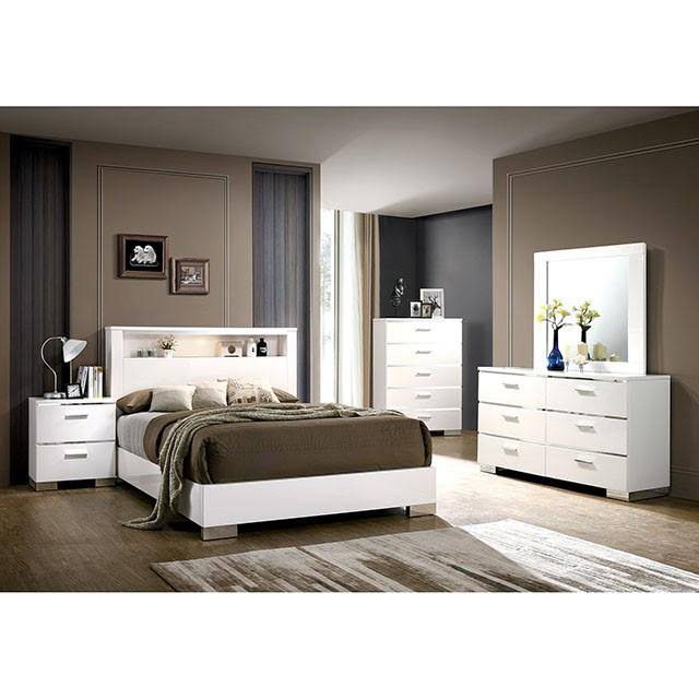 Furniture of America 4pc Queen Size Platform Bed Headboard Shelves Bedroom Furniture Set White Finish