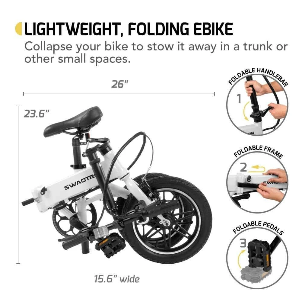 Swagtron SwagCycle EB-5 Lightweight and Aluminum Folding eBike, White