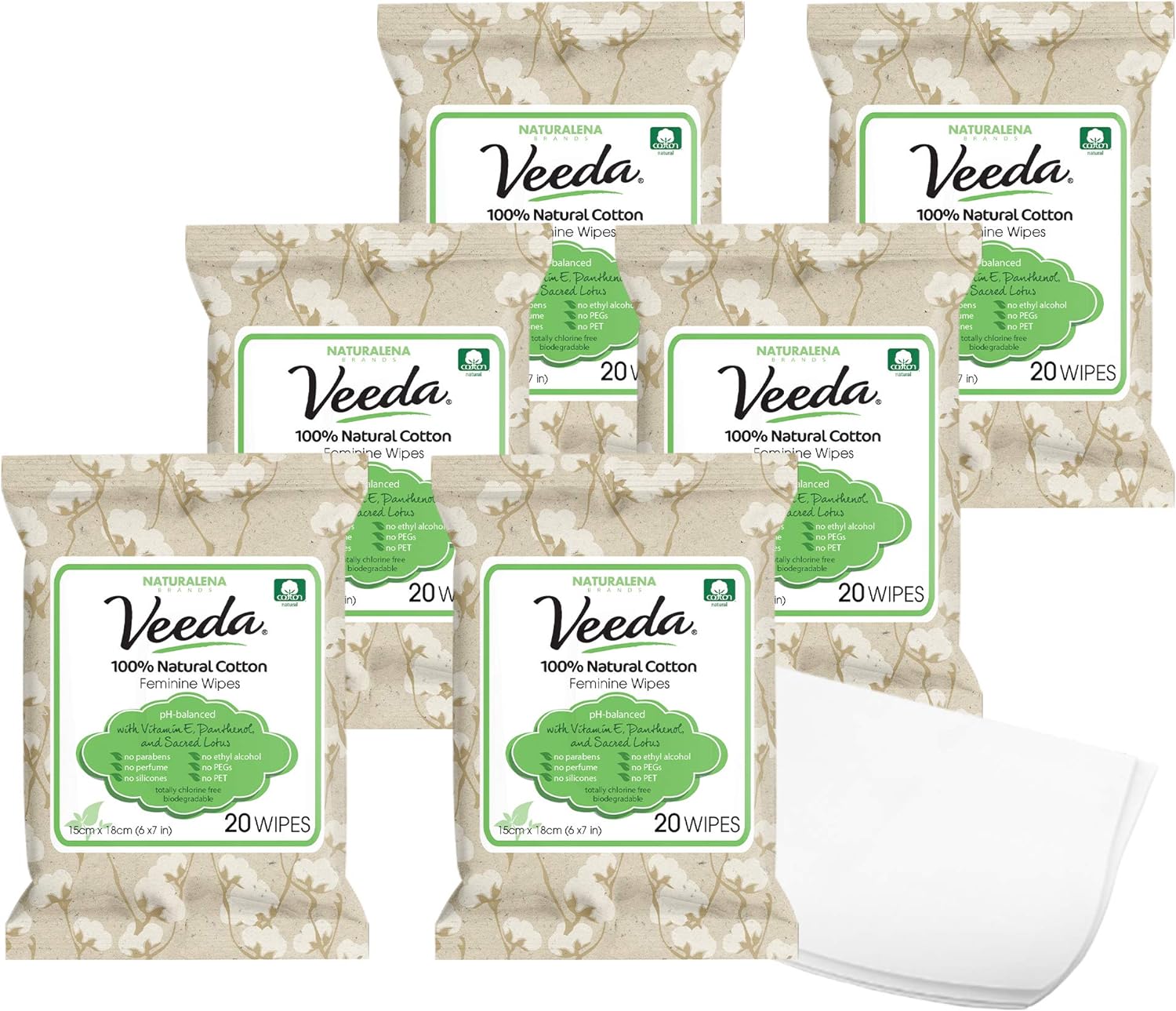 Veeda 100% Natural Cotton PH Balanced Hypoallergenic Feminine Wet Wipes, Safe Cleansing Cloths for Sensitive Skin, Unscented, 20 Count (Pack of 6)