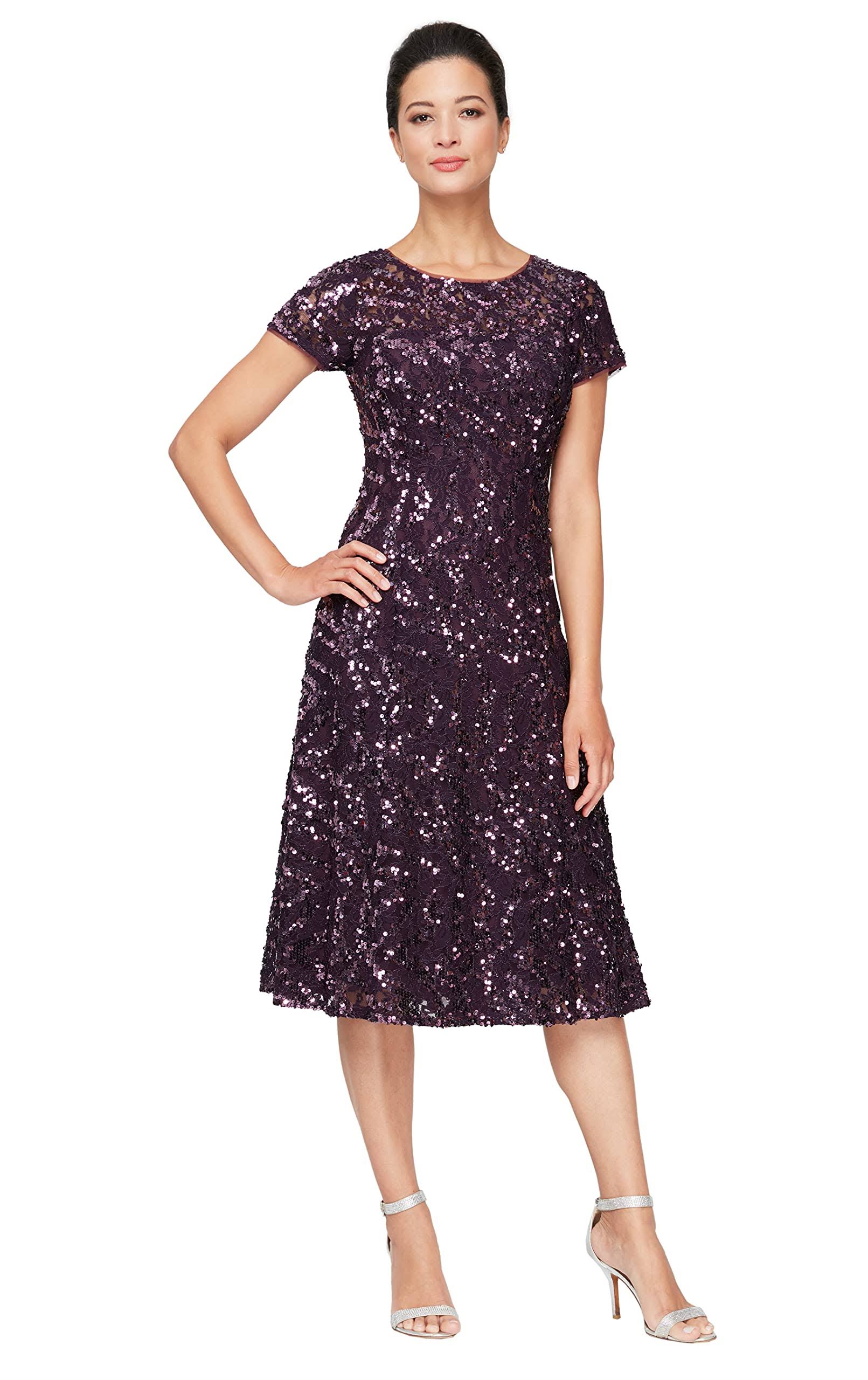 Ignite Evenings Short Sleeve Sequin Jewel Neck Metallic Lace Dress - 16