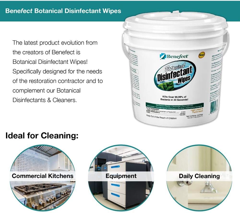 Benefect Botanical Disinfecting Wipes - (250 Wipe Count) Natural, No Residue - Antibacterial Disinfectant, Multi-Surface Cleaning and Sanitizing Wipes