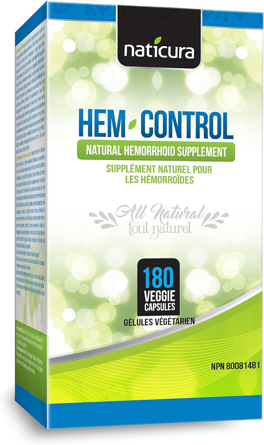 Naticura Hem-Control - Natural Treatment for Hemorrhoids with Psyllium Husks, Witch Hazel, Ginger Root - Vegan - 180 Count - Helps Maintain Bowel Movement Regularity - Digestive Support