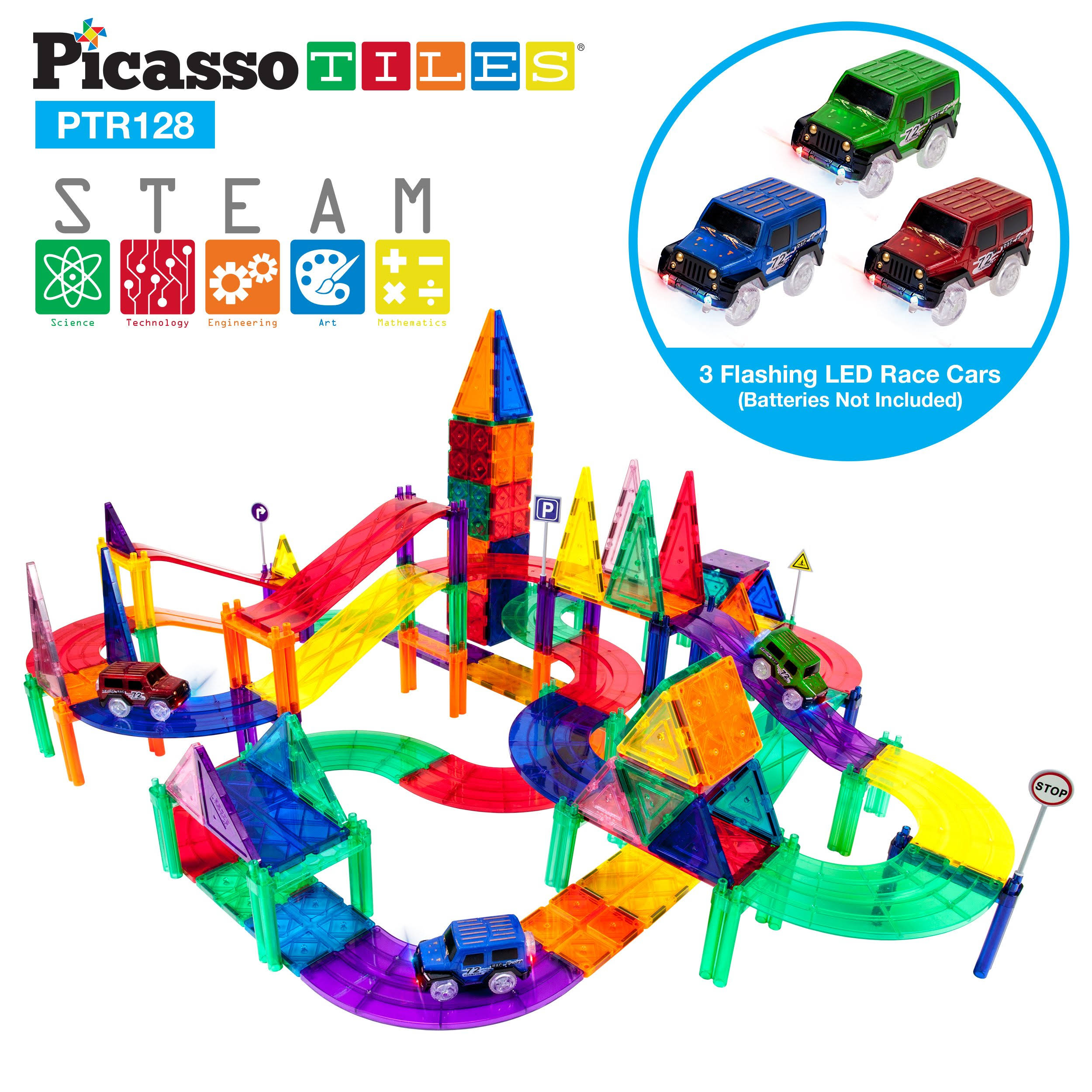 PicassoTiles Magnetic Building Block Race Track Series 128 Piece Set