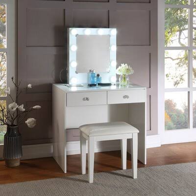 Daneen Vanity Set with Stool and Mirror Latitude Run Color: White