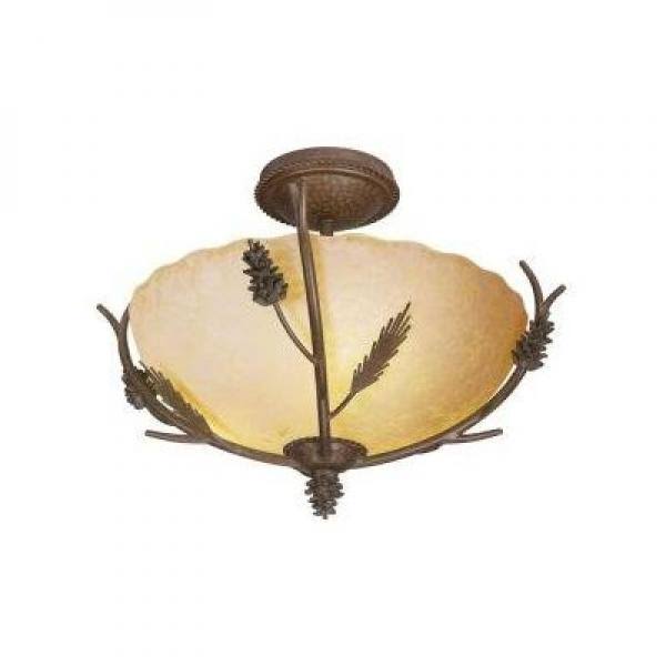 Lodge 17 in. 3-Light Weathered Spruce Semi-Flush Mount with Sunset Glass Shade