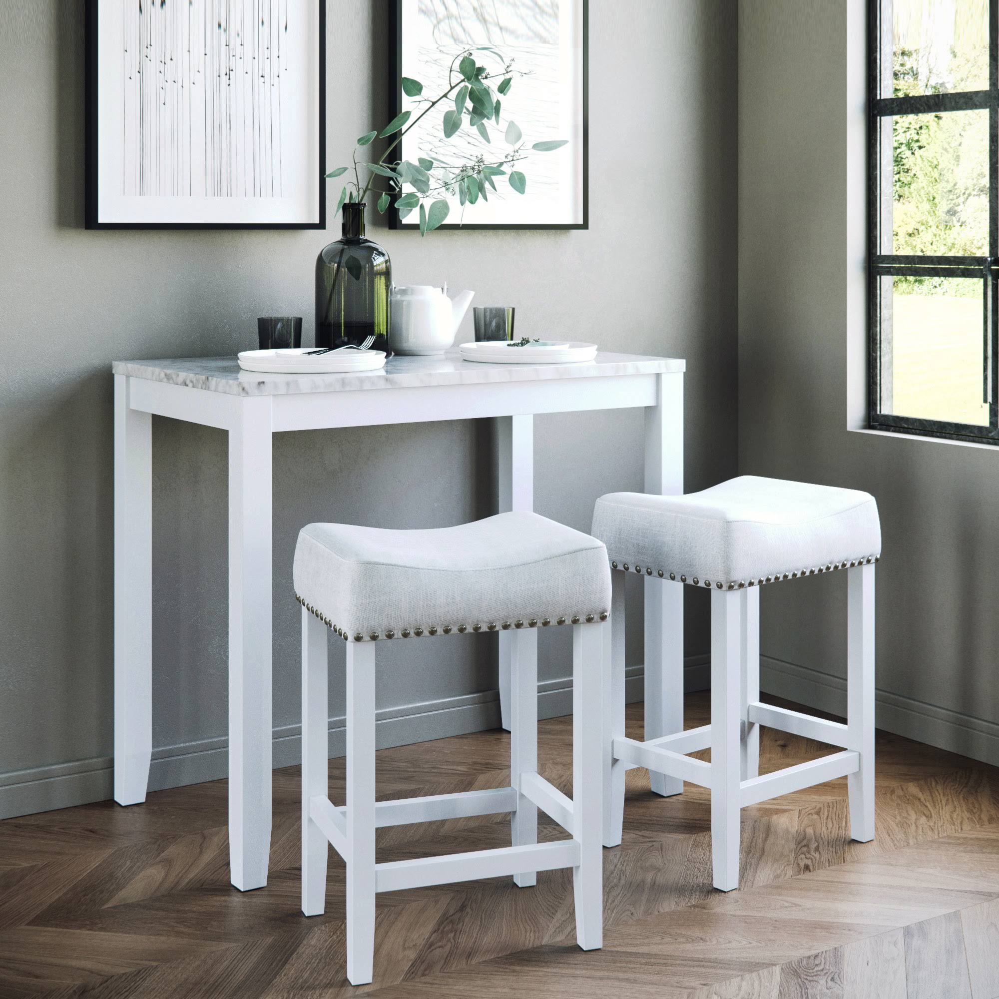Nathan James Viktor Three - Piece Dining Set Kitchen Pub Table Marble Top White Wood Base Light Gray Fabric Seat