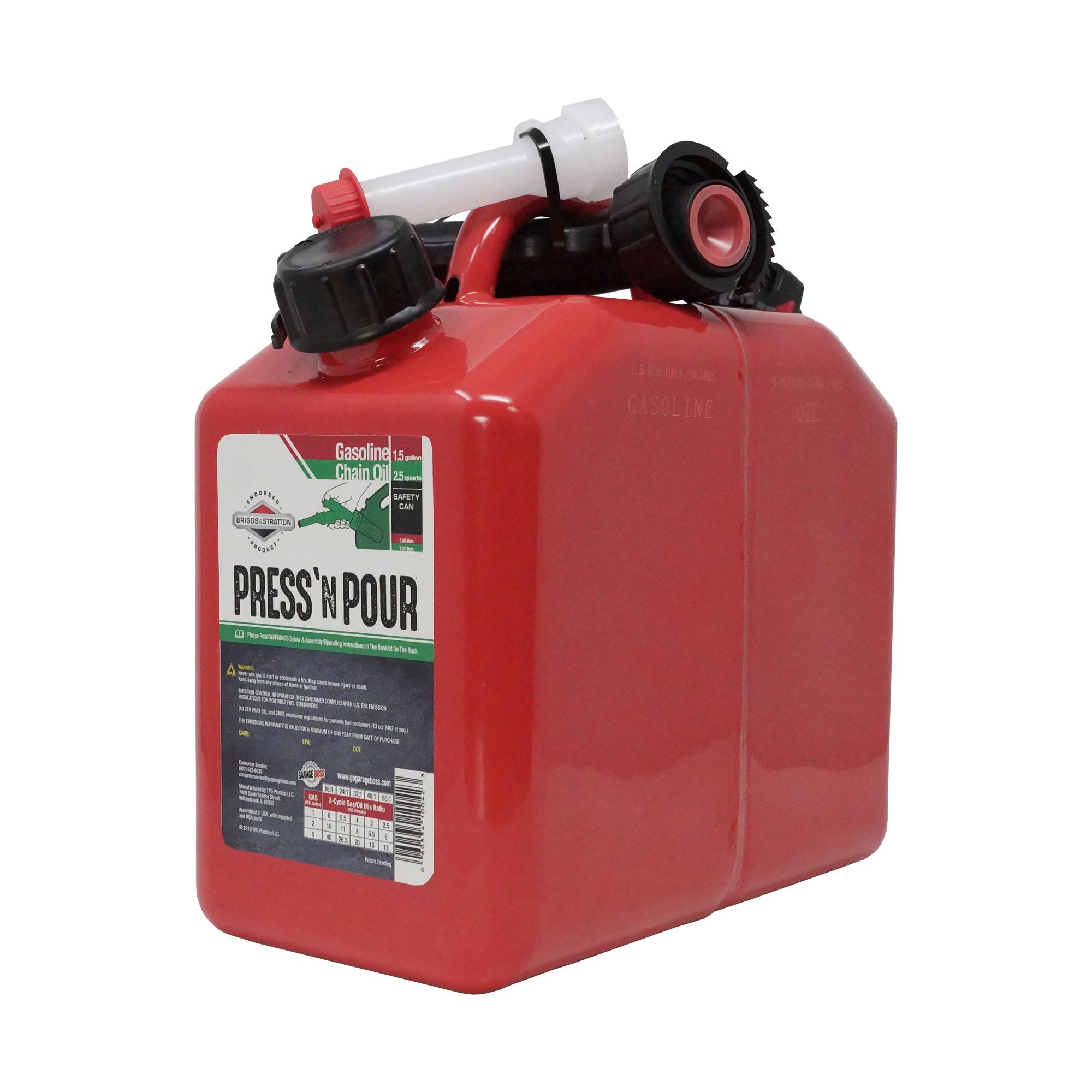 Garage Boss 2 Cans in 1 Press N Pour Metal GAS and Oil Portable Fuel Container, Red