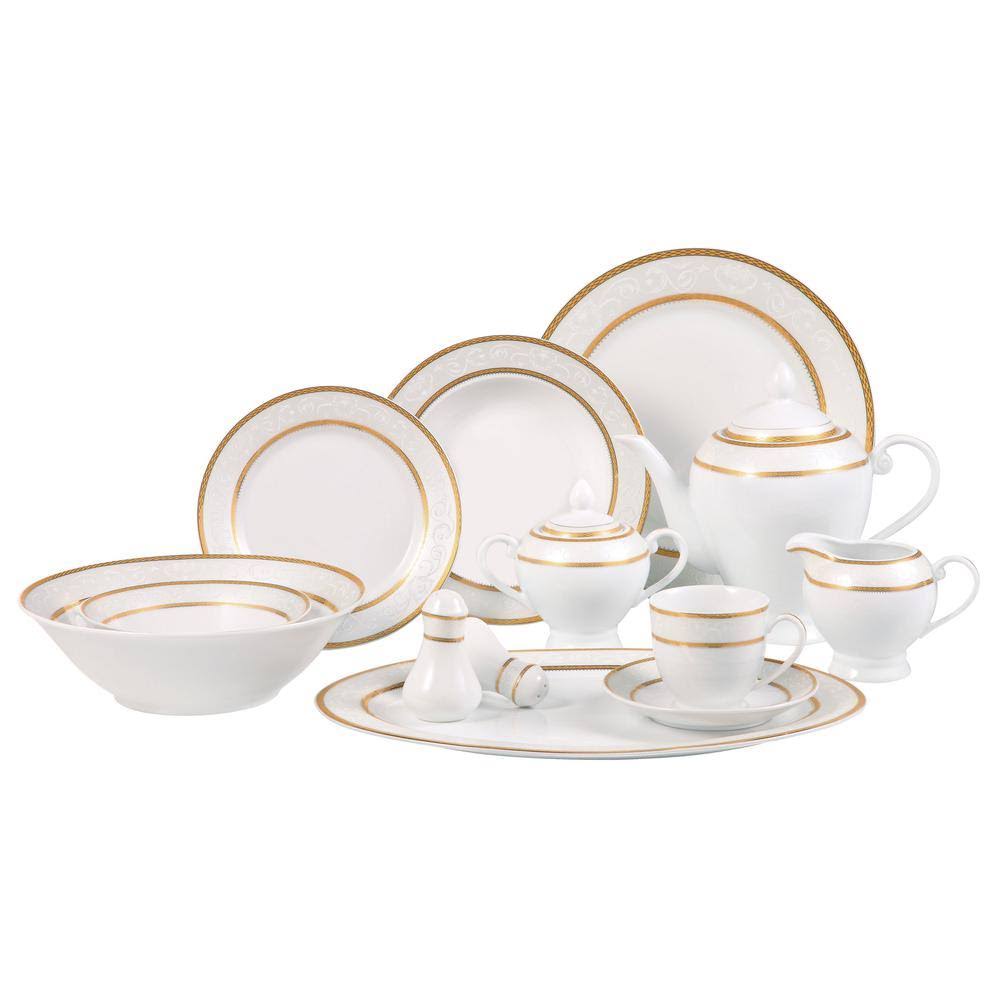 Lorren Home Trends Amelia 57-Piece Dinnerware Set, White/Gold