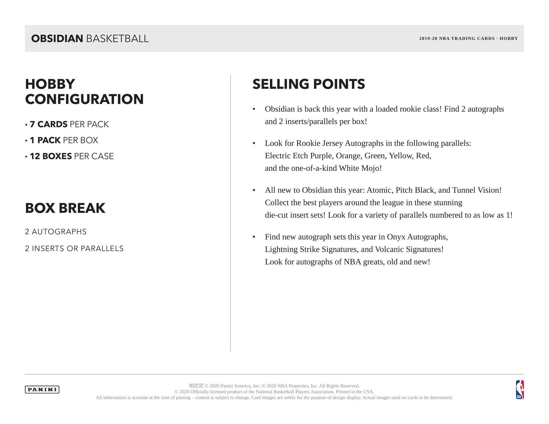 2019-20 Panini Obsidian Basketball Hobby Box