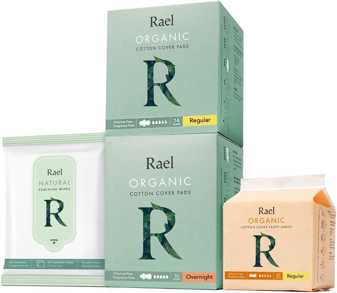 Rael Period Essential Value Set - Organic Cotton Cover Regular & Overnight Pads, Regular Liners and pH Balanced Feminine Wipes