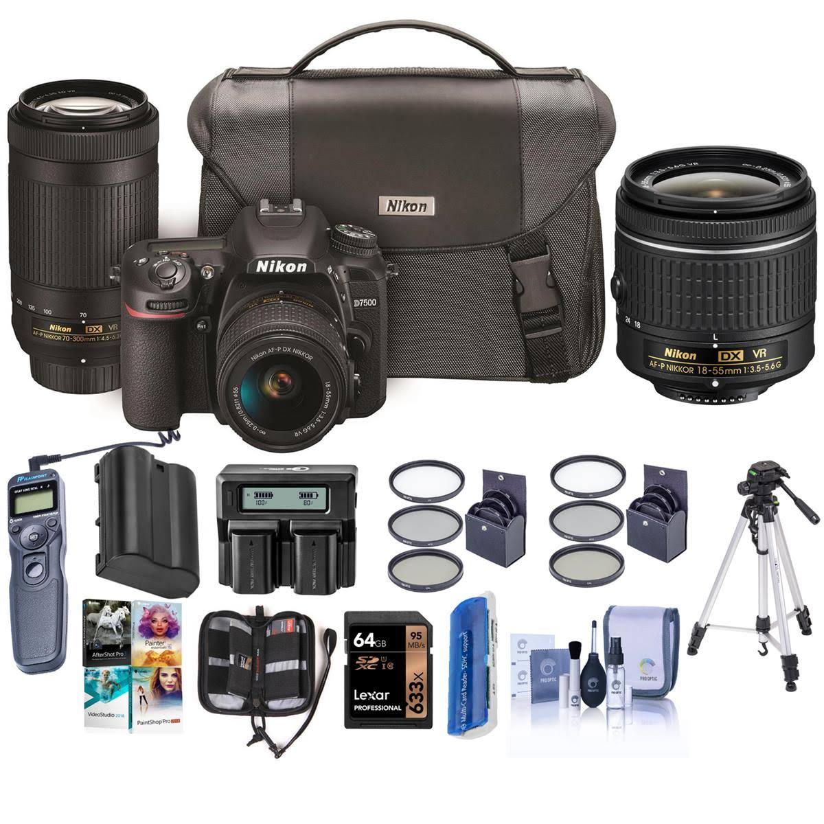 Nikon D7500 DSLR w/AF-P DX 18-55mm VR & 70-300 Ed VR Lenses W/premium ACC Bundle 13543 B